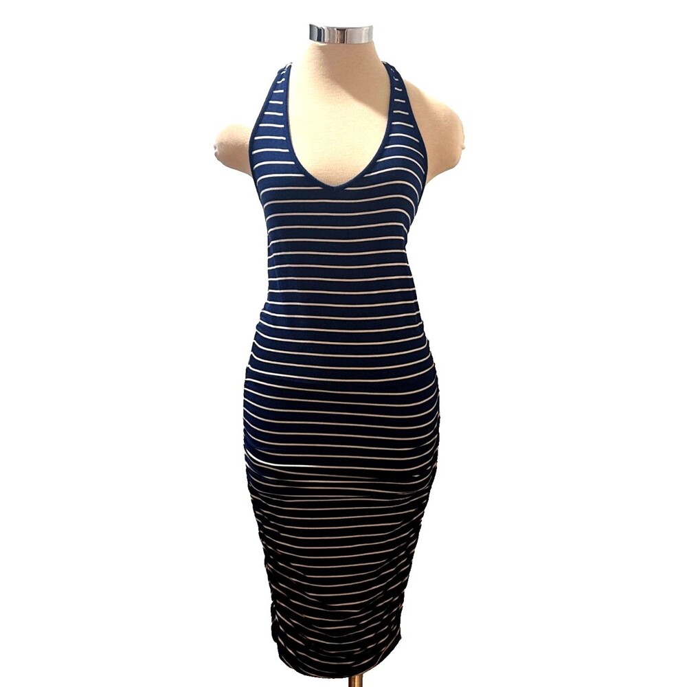ATHLETA XS Ember Navy Blue White Stripe Racerback Ruched Stretch Tank Midi Dress